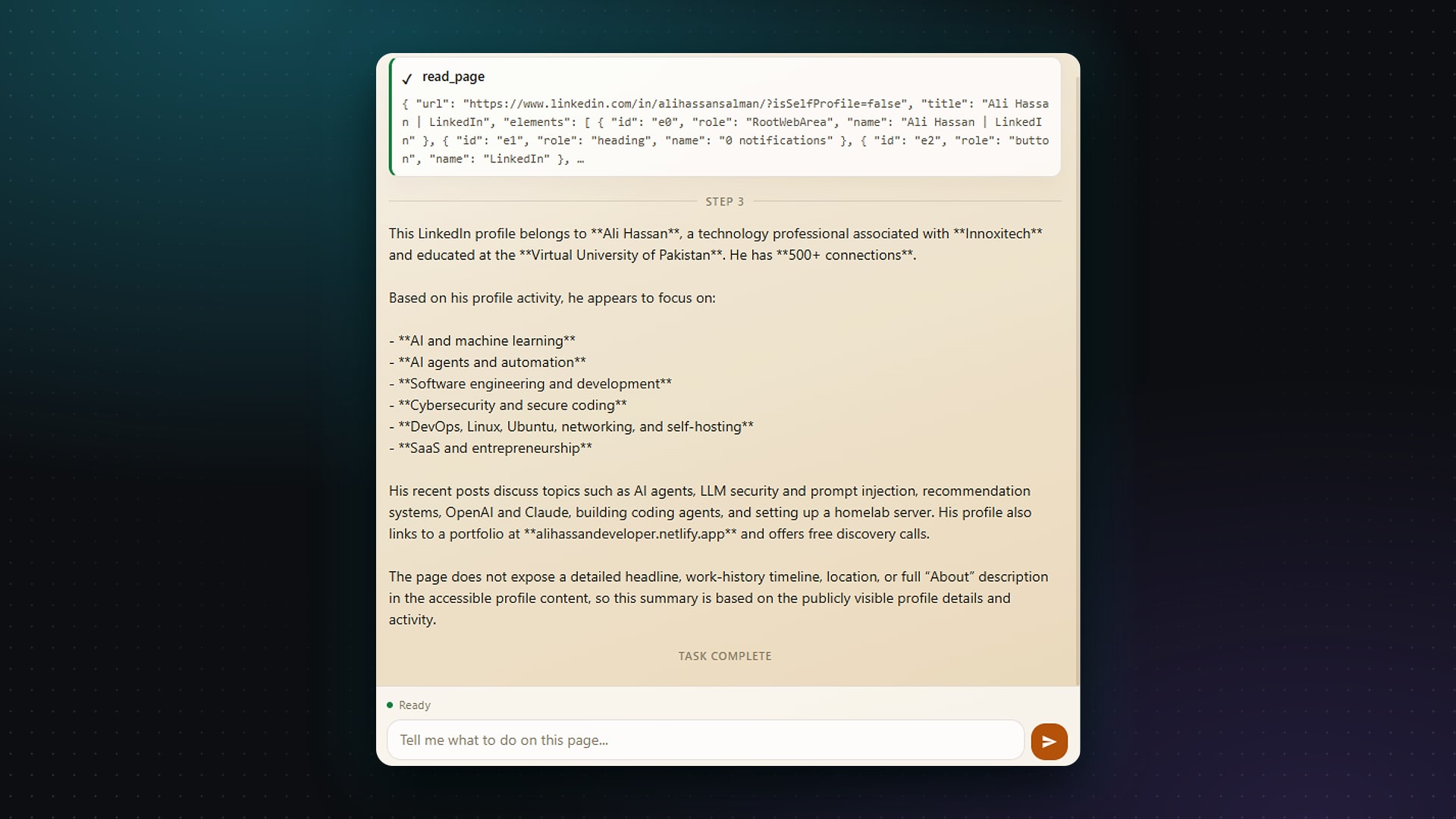 The agent's answer summarising the profile
