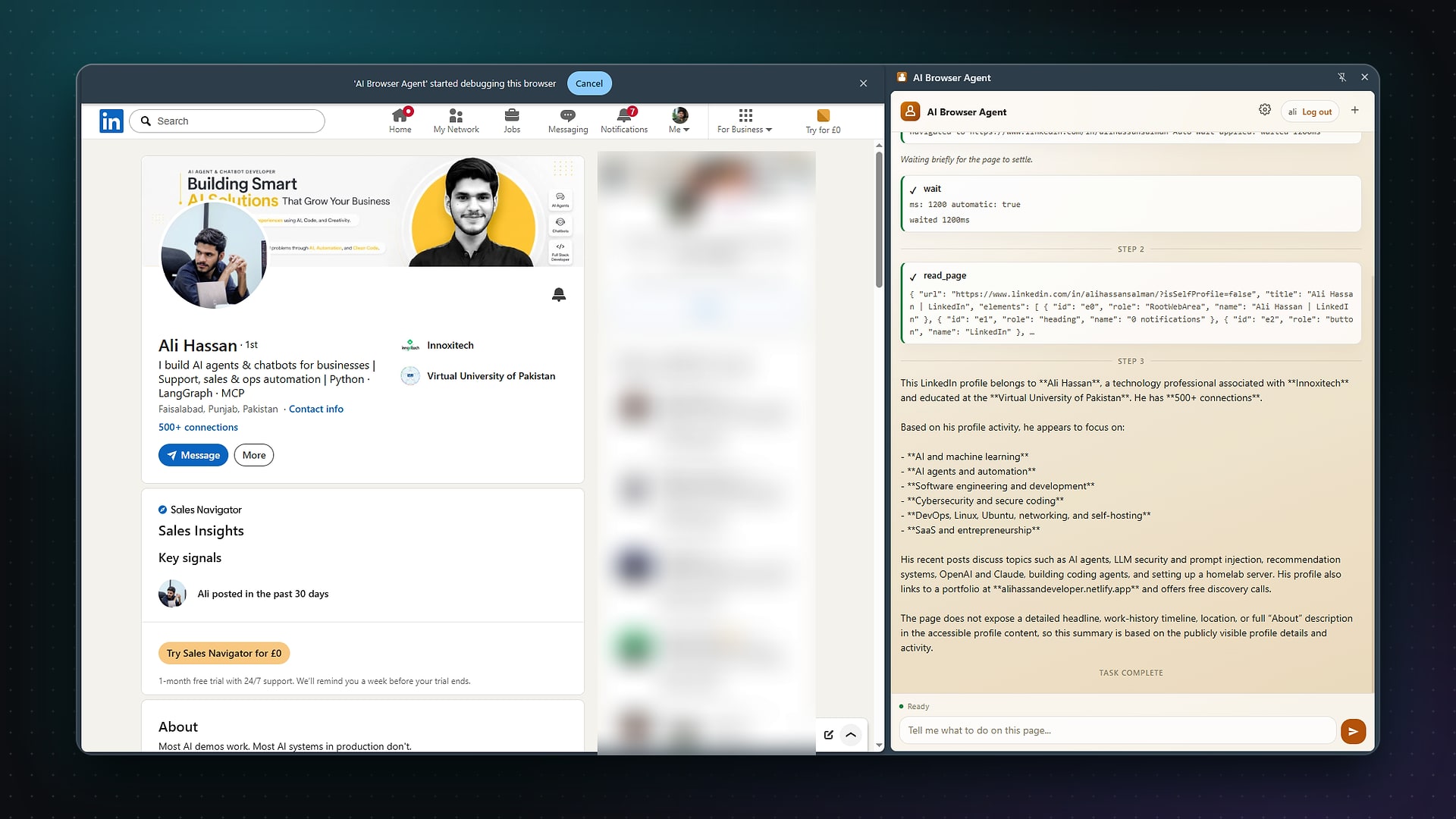 AI Browser Agent reading a LinkedIn profile in the side panel