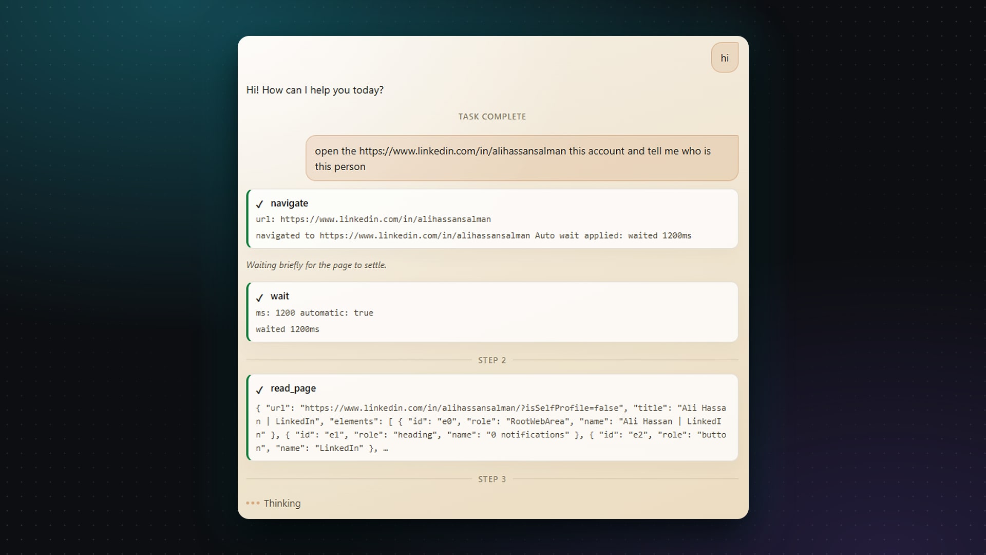 Each step with its tool output: navigate, wait, read page