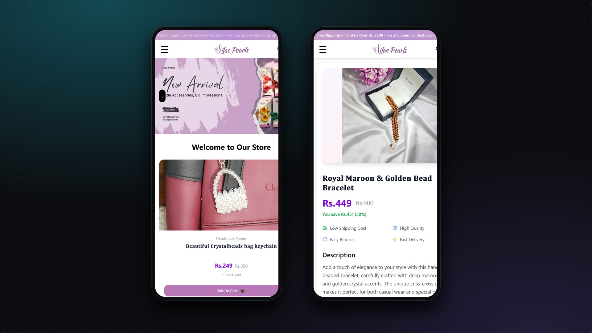 Lilac Pearls store on mobile