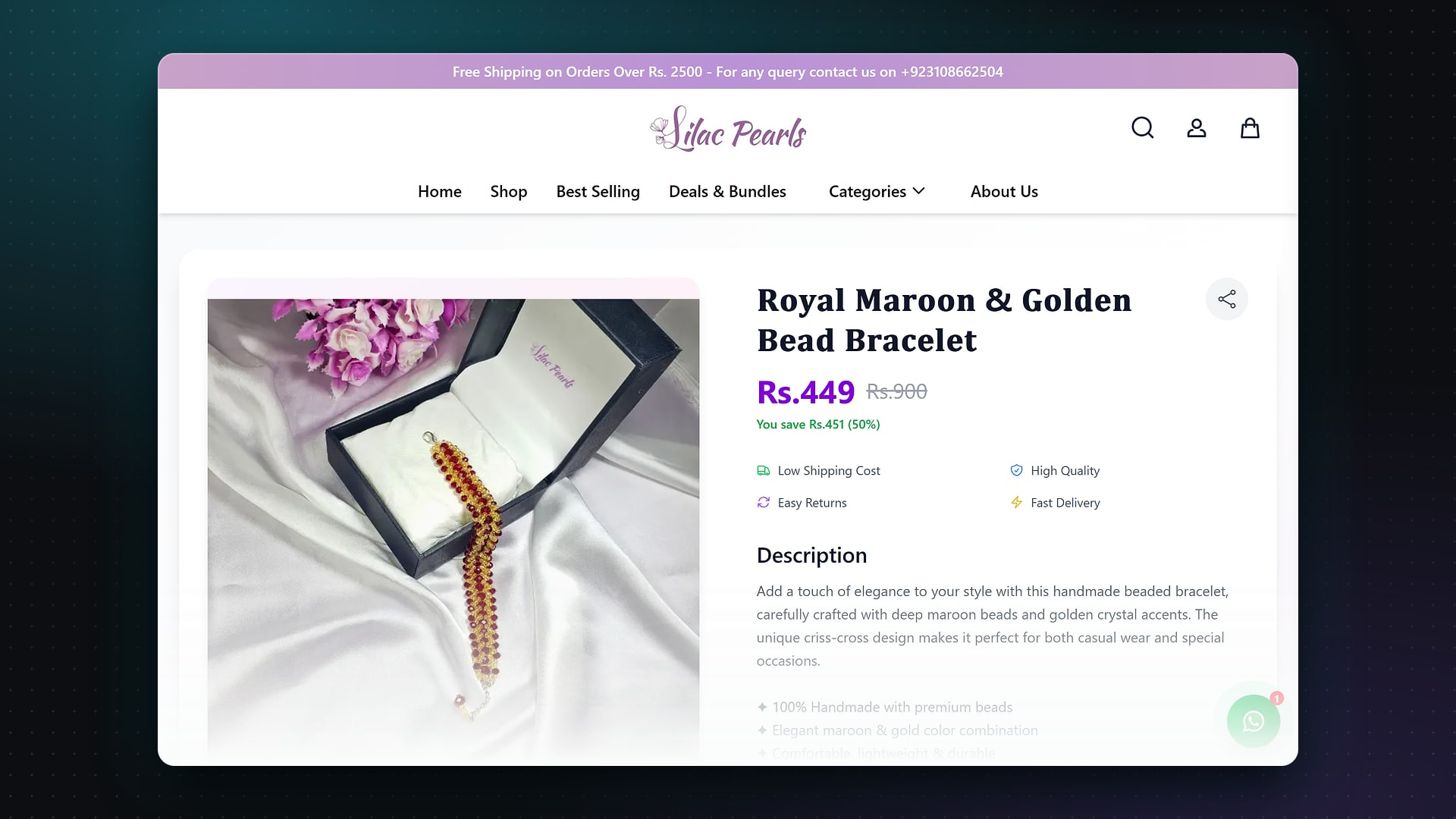 Product page for a beaded bracelet with price, saving and trust signals