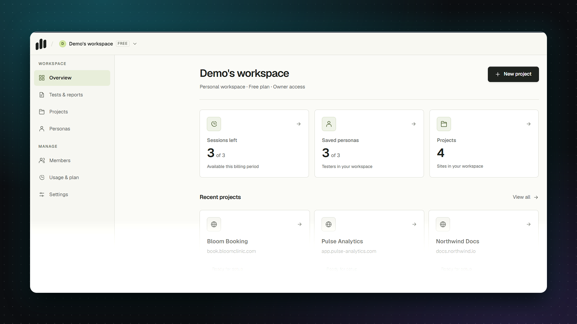 Prefolk workspace dashboard with projects and sessions