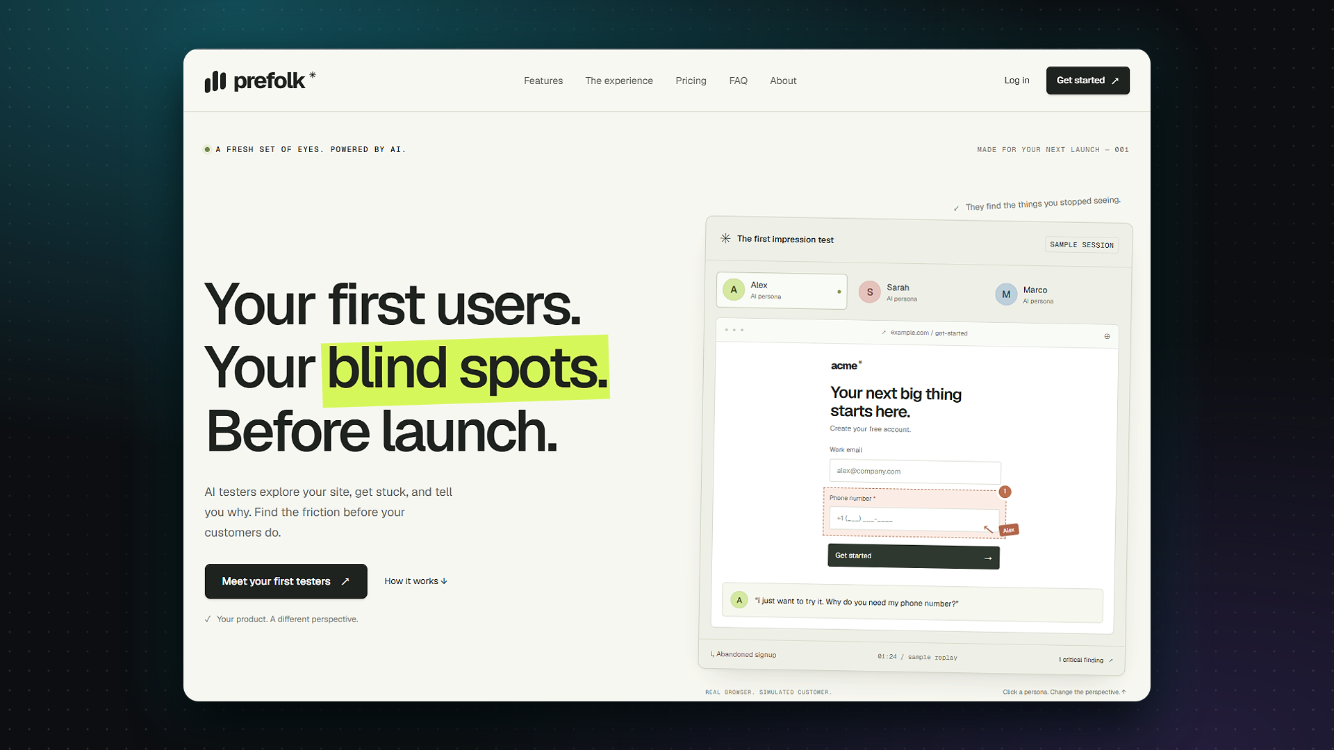 Prefolk landing page: “Your first users. Your blind spots. Before launch.”