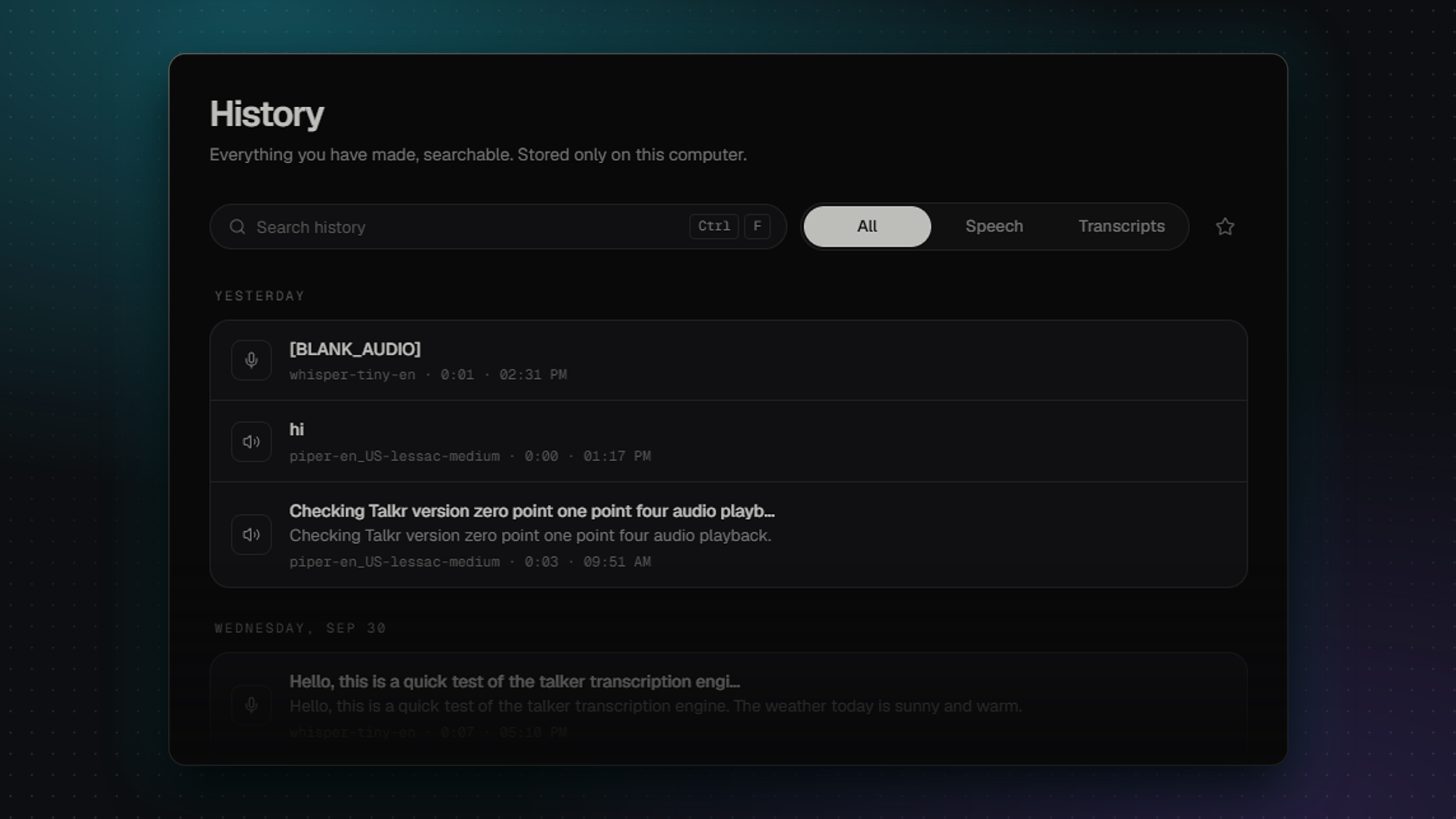 Talkr searchable history of speech and transcripts
