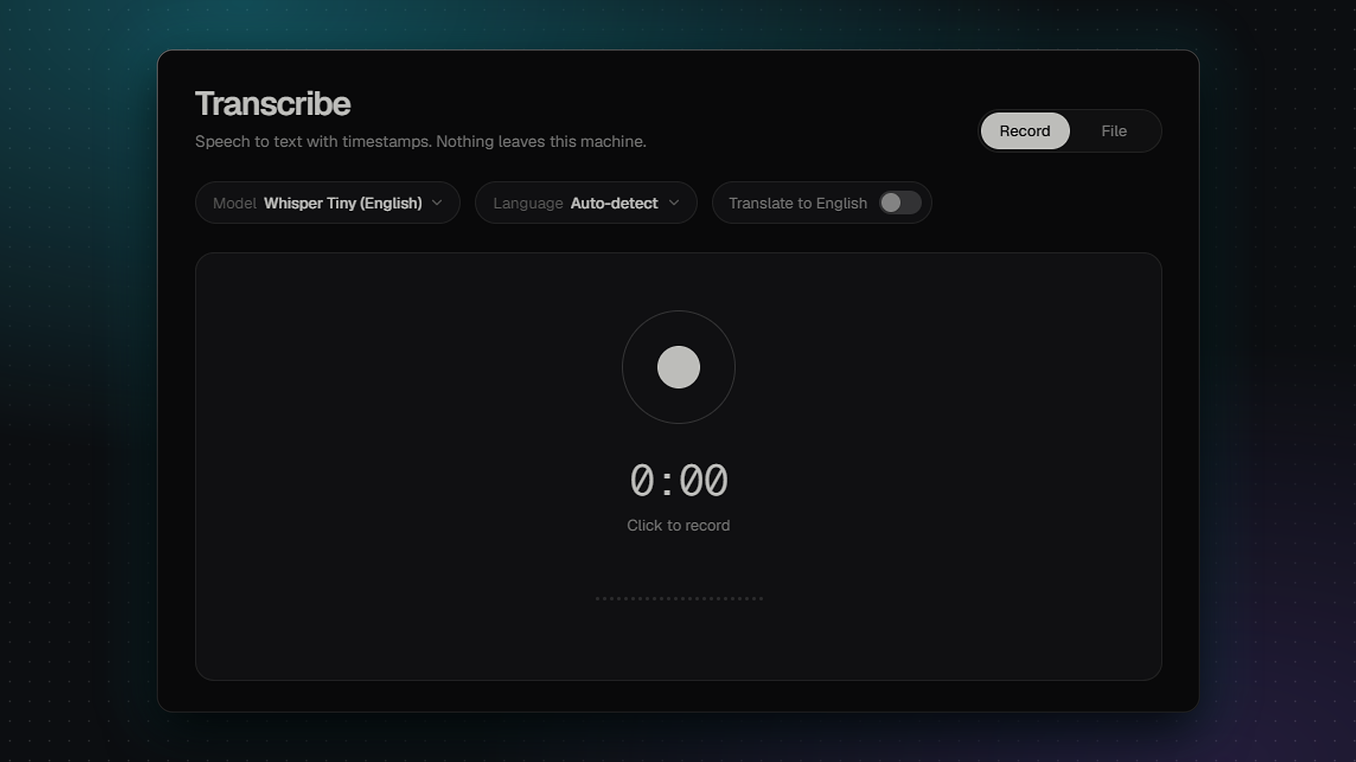 Talkr Transcribe screen with the record button