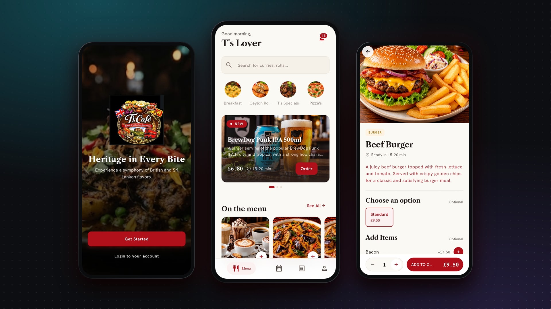 T's Café app: welcome screen, home and a dish page