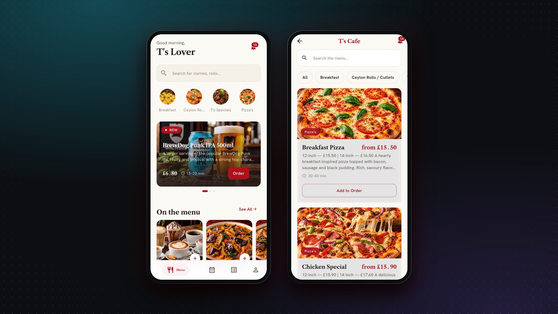 T's Café home screen and menu with pizzas and specials