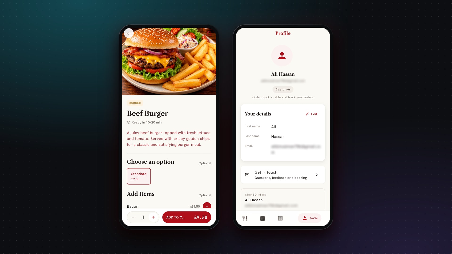 Dish page with options and add-ons, and the profile screen